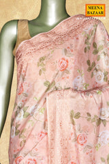 Peach Floral Print Chinon Embroidered Saree