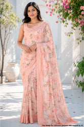 Peach Floral Print Chinon Embroidered Saree