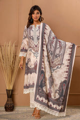 Grey Maslin Ready Made Suit with Elegant Neck Embroidery
