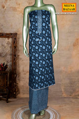 Navy Blue Embroidered Cotton Unstitched Suit Set with Dupatta for Women