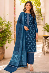 Navy Blue Embroidered Cotton Unstitched Suit Set with Dupatta for Women