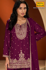 Krishvi Wine Chinon Sharara Suit with Neck Embroidery