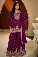 Krishvi Wine Chinon Sharara Suit with Neck Embroidery