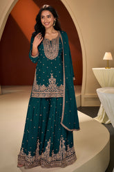Blue Chinon Sharara Suit with Neck Embroidery