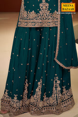 Blue Chinon Sharara Suit with Neck Embroidery