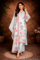 Sea Green Cotton Ready Made Suit with Elegant Neck Embroidery