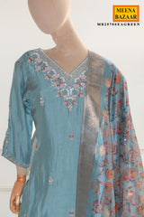 Sea Green Suit Set with Floral Dupatta