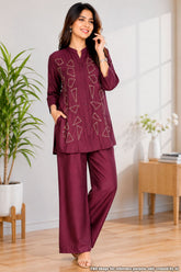 Wine Embroidered Rayon Kurti