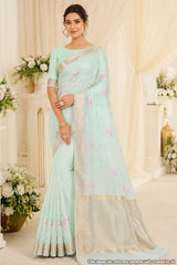 Sea Green Cotton Resham Jaal Saree