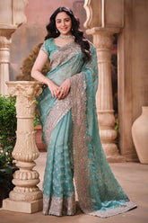 Firozi Shimmer Saree Elegant Party & Festive Wear