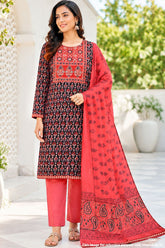 Black Cotton Printed Unstitched Suit Set with Dupatta