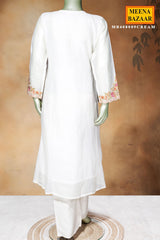 Cream Cotton Ready-Made Suit with Elegant Neck Embroidery