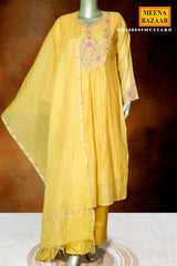 Mustard Cotton Ready-Made Suit with Elegant Neck Embroidery