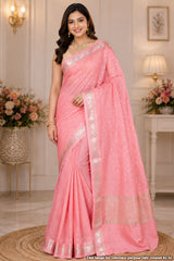 Pink Cotton Saree with Mirror Work