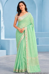 Pista Cotton Saree with Elegant Mirror Work for Festive & Ethnic Wear