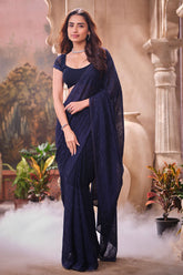 Navy Blue Georgette Embroidered Saree Elegant Party & Festive Wear