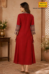 Maroon Cotton Kurti with Neck Embroidery