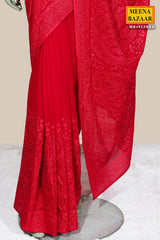 Red Embroidered Georgette Saree Elegant Party & Festive Wear
