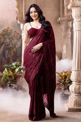 Wine Georgette Embroidered Saree