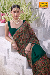 Bottle Green Georgette Colorful Thread Embroidered Saree
