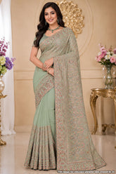 Pista Georgette Saree with Resham Embroidery
