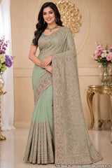 Pista Georgette Saree with Resham Embroidery