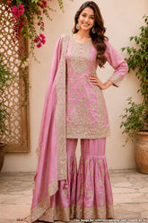 Mauve Georgette Straight Gharara Suit with Embroidery