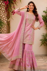 Mauve Georgette Straight Gharara Suit with Embroidery