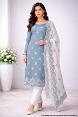Grey Cotton Unstitched Suit with Embroidery Detail