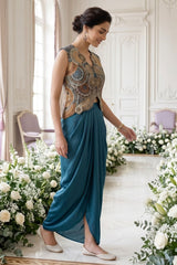 Chakra Embroidered Waistcoat and Draped Skirt Set