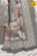 Grey Floral Printed Cotton Unstitched Suit Set with Sheer Dupatta for Women