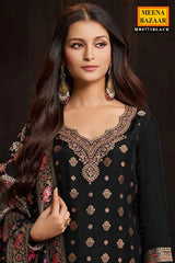 Black Silk Ready Made Suit with Neck Embroidery