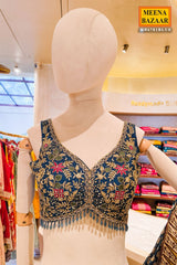 Blue Embroidered Satin Saree - Contemporary Festive Elegance