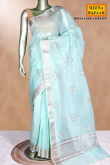 Sea Green Cotton Saree with Resham Butta Weaving