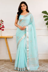 Sea Green Cotton Saree with Resham Butta Weaving