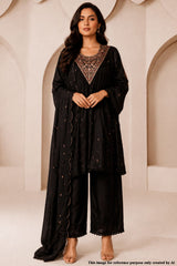 Black Maslin Ready Made Suit with Neck Embroidery