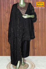 Black Maslin Ready Made Suit with Neck Embroidery