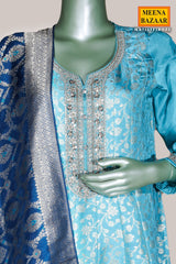 Firozi Neck Embroidered Silk Readymade Suit Party & Festive Wear