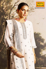 Cream Cotton Ready Made Suit with Neck Embroidery