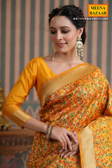 Mustard Silk Floral Printed Saree with Golden Zari Woven Border