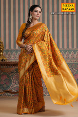 Mustard Silk Floral Printed Saree with Golden Zari Woven Border