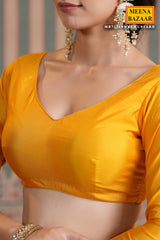 Mustard Silk Floral Printed Saree with Golden Zari Woven Border