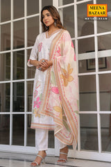 Cream Cotton Ready Made Suit with Elegant Neck Detailing