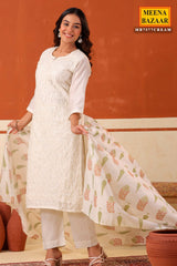 Elegant Cream Chanderi ReadyMade Suit with Neck Embroidery