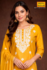 Mustard Cotton Ready-Made Suit with Elegant Neck Embroidery