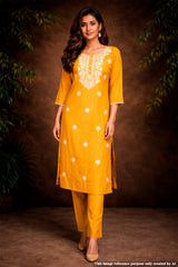 Mustard Cotton Ready-Made Suit with Elegant Neck Embroidery