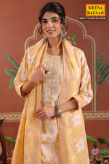 Mustard Cotton Ready made Suit Set with Embroidered Neck