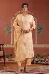 Mustard Cotton Ready made Suit Set with Embroidered Neck