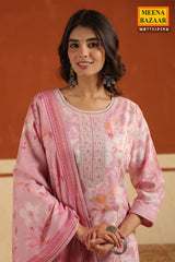 Pink Cotton Ready made Suit Set with Embroidered Neck
