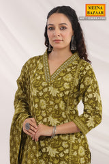 Mehandi Cotton Ready made Suit with Embroidered Neck